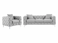 Vente-unique Sofá de 3 plazas y sillón de terciopelo y patas de metal EDWINA Gris claro