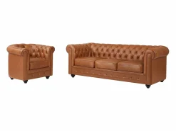 Vente-unique Sofá de 3 plazas y sillón de piel de vaca color CHESTERFIELD Camel Sale