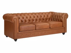 Vente-unique Sofá de 3 plazas y sillón de piel de vaca color CHESTERFIELD Camel Sale