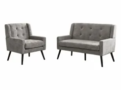 Sofá de 2 plazas y sillones en tejido de lino - Juego de 2 con patas de madera^Hauss Spole Best