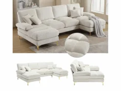 DripeX Sofá de 4 puentes, en tela de oruga, marco de madera sólida, con almohadas, 272x136x88cm, Beige Hot