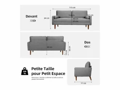 DripeX Sofá Escandinavo|Sofá de 3 salones en tela de lino - escandinavo - con 2 almohadas y reposabrazos - pies de madera sólida - 173x77x84cm