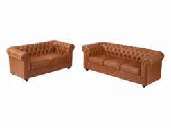 Vente-unique Sofá de 3 y 2 plazas de piel de vaca color CHESTERFIELD Camel New
