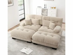 KOMHTOM Sofá de dos plazas en chenilla,dos cojines lumbares y dos cojines decorativos,reposabrazos anchos y dos reposapiés, tapizado en tela . Beige