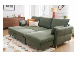 Sofá de esquina convertible reversible con baúl 3-4 plazas en tela verde y madera clara DRISS^Miliboo Online