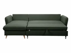 Sofá de esquina convertible reversible con baúl 3-4 plazas en tela verde y madera clara DRISS^Miliboo Online