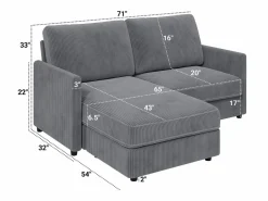 DripeX Sofá de esquina de 2 salas - ángulo reversible derecho / izquierda - 180x140x86cm - en tela de terciopelo acanalado - carga máxima de 300 kg - Gris antracita Online