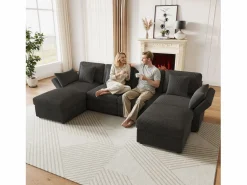 ModernLuxe Sofá de esquina en forma de U - 6 plazas - con reposabrazos ajustables - con reposapiés desmontable - Pana acanalada - Gris Outlet