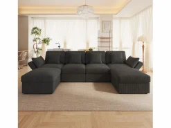ModernLuxe Sofá de esquina en forma de U - 6 plazas - con reposabrazos ajustables - con reposapiés desmontable - Pana acanalada - Gris Outlet