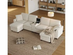 ModernLuxe Sofá de esquina moderno en forma de U - con USB y Type-C - con 2 reposapiés con almacenamiento - con 2 portavasos - pana acanalada - Beige Outlet