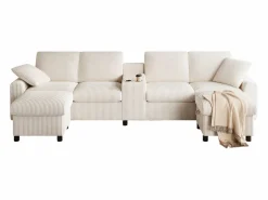 ModernLuxe Sofá de esquina moderno en forma de U - con USB y Type-C - con 2 reposapiés con almacenamiento - con 2 portavasos - pana acanalada - Beige Outlet