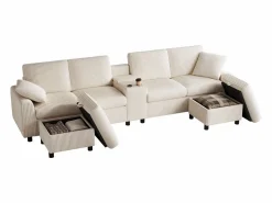 ModernLuxe Sofá de esquina moderno en forma de U - con USB y Type-C - con 2 reposapiés con almacenamiento - con 2 portavasos - pana acanalada - Beige Outlet