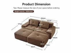 DripeX Sofá de Esquina Modular en Pana, con 2 otomanas y 2 cojines, 204x177x69cm, Marrón Marru00f3n Clearance