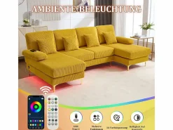 DripeX Sofá de esquina panorámico en pana - 4 plazas - con LED RGB y puerto USB+Type-C - 265x135x88cm - Amarillo Outlet