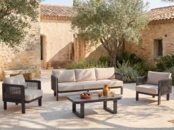 MYLIA Sofá de jardín de 3 plazas de aluminio y cuerda - con cojines beige - HELYSI de Negro Online