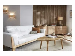 Miliboo Sofá diseño 3 plazas roto patas madera FJORD Blanco New