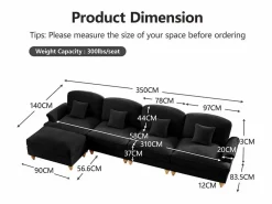 DripeX Sofá Esquina Modular 4 Plazas en L - Chenille - Funda Extraíble y Puf - 350x140x93cm - Negro