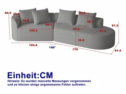 Sofá esquinero - Sofá de 4 plazas con 4 cojines decorativos y respaldo - chenilla Gris claro