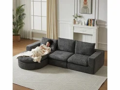 DripeX Sofá Esquinero Modular 3 Plazas, con Chaise Longue Curva Reversible, 3 Cojines y Almohadas Cervicales, Tejido Chenilla, Gris New