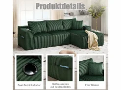 Sofá Esquinero Modular 3 Plazas, de Pana, con Portavasos, Cojines y Bolsillos Laterales, Chaise Longue 118cm,^DripeX Sale