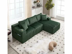 Sofá Esquinero Modular 3 Plazas, de Pana, con Portavasos, Cojines y Bolsillos Laterales, Chaise Longue 118cm,^DripeX Sale