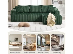 Sofá Esquinero Modular 3 Plazas, de Pana, con Portavasos, Cojines y Bolsillos Laterales, Chaise Longue 118cm,^DripeX Sale