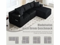 DripeX Sofá Esquinero Modular 3 Plazas, de Pana, con Portavasos, Cojines y Bolsillos Laterales, Chaise Longue 118cm, Negro Clearance