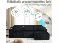 DripeX Sofá Esquinero Modular 3 Plazas, de Pana, con Portavasos, Cojines y Bolsillos Laterales, Chaise Longue 118cm, Negro Clearance