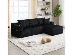 DripeX Sofá Esquinero Modular 3 Plazas, de Pana, con Portavasos, Cojines y Bolsillos Laterales, Chaise Longue 118cm, Negro Clearance