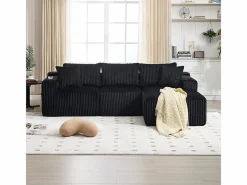 DripeX Sofá Esquinero Modular 3 Plazas, de Pana, con Portavasos, Cojines y Bolsillos Laterales, Chaise Longue 118cm, Negro Clearance
