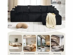 DripeX Sofá Esquinero Modular 3 Plazas, de Pana, con Portavasos, Cojines y Bolsillos Laterales, Chaise Longue 118cm, Negro Clearance