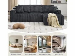 DripeX Sofás Club|Sofá Esquinero Modular 3 Plazas, de Pana, con Portavasos, Cojines y Bolsillos Laterales, Chaise Longue 118cm,