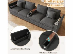 Sofá moderno de 4 plazas - 299 x 80 x 82,7 cm - con puerto USB, reposabrazos abatible y almacenamiento oculto - terciopelo -^Merax