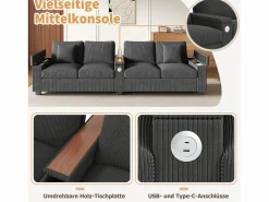Sofá moderno de 4 plazas - 299 x 80 x 82,7 cm - con puerto USB, reposabrazos abatible y almacenamiento oculto - terciopelo -^Merax