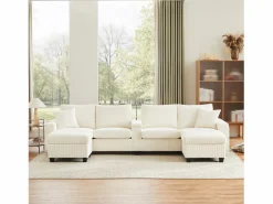 ModernLuxe Sofá - 4 Plazas|Sofá moderno en forma de U - con USB, Type-C y lámpara de lectura - con luces LED en la puerta - con portavasos y 2 reposapiés - pana acanalada -
