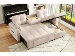 ModernLuxe Sofá moderno en L - Sofá cama modular - Función de cama - Con almacenamiento - Con portavasos - Beige Best