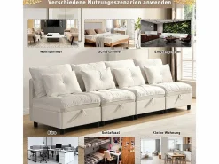 Sofá Modular 4 Plazas en Chenilla - con 8 Cojines y 4 Almacenamientos - Carga Máx. 500kg - 274x76x87cm -^DripeX Hot