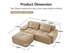 DripeX Sofá Modular 2 plazas en Pana, con otomana y 2 cojines, 204x177x69cm, Beige Hot
