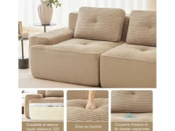 DripeX Sofá Modular 2 plazas en Pana, con otomana y 2 cojines, 204x177x69cm, Beige Hot
