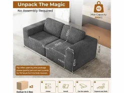 DripeX Sofá Modular 2 plazas en Pana, con 2 cojines, 202x101x82cm, Gris