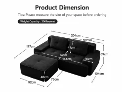 Sofá Modular 2 plazas en Pana, con otomana y 2 cojines, 204x177x69cm,^DripeX Best