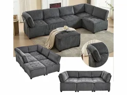 DripeX Sofá modular convertible en terciopelo - 6 plazas - ergonómico - con bolsillos de almacenamiento - 308x154x82cm Gris