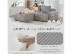 Merax Sofá modular de 2 plazas - 200 x 174 x 80 cm - con 1 otomana + portavasos + bolsillo de almacenamiento - terciopelo - Gris claro Sale