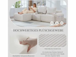 Merax Sofá modular de 3 plazas - 268 x 174 x 80 cm - con 1 otomana + portavasos + bolsillo de almacenamiento - terciopelo - Beige Clearance