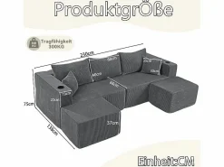 DripeX Sofá modular ángulo terciopelo acanalado, 2 pufs, portavasos y cojines, , 230x138x75cm Gris New