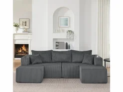 DripeX Sofá modular ángulo terciopelo acanalado, 2 pufs, portavasos y cojines, , 230x138x75cm Gris New