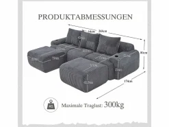 DripeX Sofá modular ángulo terciopelo acanalado, portavasos, 2 pufs y 3 cojines, 268x174x80cm, Gris antracita Best