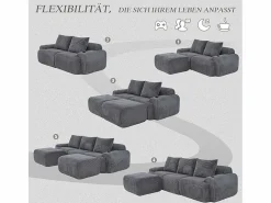 DripeX Sofá modular ángulo terciopelo acanalado, portavasos, 2 pufs y 3 cojines, 268x174x80cm, Gris antracita Best