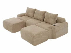 DripeX Sofá modular ángulo terciopelo acanalado, portavasos, 2 pufs y 3 cojines, 268x174x80cm, Caqui Online