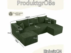 DripeX Sofás Club|Sofá modular ángulo terciopelo acanalado, 2 pufs, portavasos y cojines, , 230x138x75cm